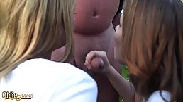 Nasty babes have sneaked into their elderly neighbor's garden and had a steamy threesome with him