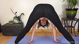 Small titted blonde, Amber Faye is doing her stretching routine and then fingering her hairy pussy