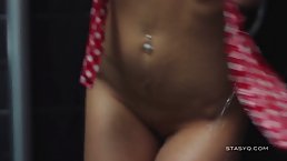 Russian blonde, Darina is posing nude in the shower and showing us that nice ass