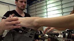 Small titted bitch, Sybil is giving a sensual footjob to Kristof Cale after he fucked her good
