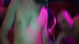 Insatiable teen with hairy pussy is spreading her legs wide open and getting gangbanged in the club