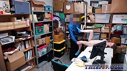 Petite blonde teen is giving a blowjob to a security guy after she got caught shoplifting