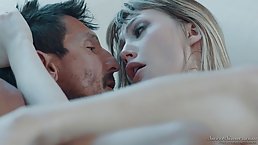 Skinny blonde babe is getting her handsome partner’s big tool deep in her shaved pussy