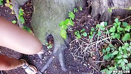 Blue-eyed Hungarian brunette is sucking cock in the nature and eating loads of fresh cum