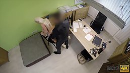 Cute blonde babe with big tits is sucking a porn agent’s hard dick, while in the office