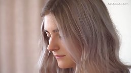 Adorable blonde schoolgirl is a bit shy to take off her clothes and show her pink pussy