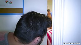Slutty college girl is sucking cock in her dorm, while her friends are having a party