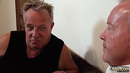 Two elderly men are fucking a sexy babe while her boyfriend is out of town