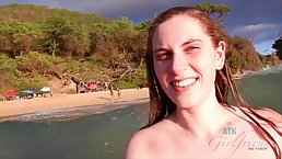 Nerdy babe, Niki Snow likes to be naked on the beach and suck cock at home