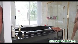 Horny blonde teen got nailed in the bathroom by her step- father and liked it
