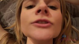 Sensual blonde babe, Addee Kate is giving a nice blowjob and a footjob to her horny boy