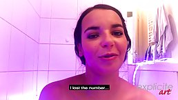 Busty brunette, Sophia Laure is posing nude in the bath tub and sucking her photographer's dick