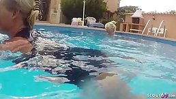 German milfs like to enjoy next to the swimming pool and play with their gardener's dick