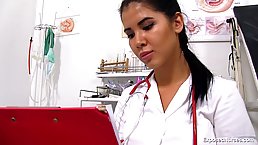 Kinky nurse likes to play with her pusy while the gynecologist's office is empty for a while