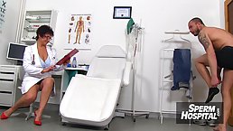 Naughty nurse is playing with sex toys and doctor's equipment, while she is alone in the office