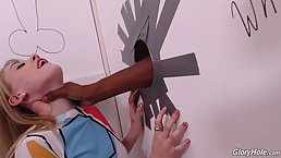 Big, rock hard, black dick through a gloryhole was an offer blonde slut could not refuse