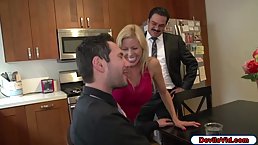 Gorgeous blonde milf in a sexy dress is fucking her lover, in front of her husband