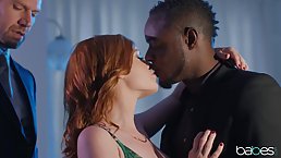 Gorgeous, red haired temptress in green, erotic lingerie had wild sex with a handsome, black guy