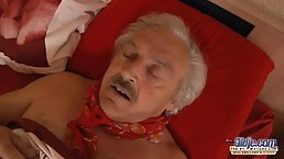 Elderly guy got a blowjob from a slutty teen brunette and then fucked her dirty brains out
