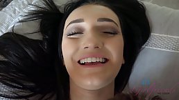 Blue- eyed teen brunette with tiny tits, Megan Hughes is about to experience an intense orgasm