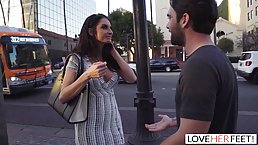 Great looking brunette in a sexy dress got her toes sucked and then wanted to get banged