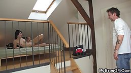 Impudent brunette is giving a blowjob to her friend's husband and getting fucked harder than ever