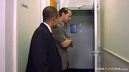 Red haired office lady with big boobs, Harmony Reigns fucked her boss, until they both came