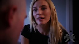 Hot, blonde woman in black stockings likes to spread her legs wide and get fucked hard