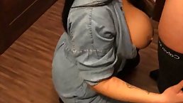 Busty brunette plumper is having a shower in front of the camera after sucking a hard cock