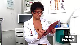 Horny blonde doctor is using various equipments from the office to drill her dripping wet pussy