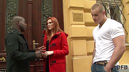 Black guy is fucking a red haired honey while her boyfriend is watching the action