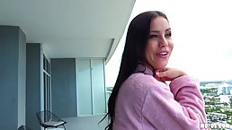 Sexy brunette with blue eyes was naked on the balcony before her partner started licking her pussy