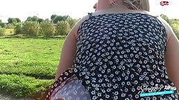German guy is about to fuck a slutty blonde honey in a public place, during the day