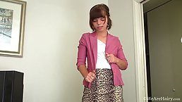 Hairy babe is moaning while masturbating in front of the camera, for the first time ever