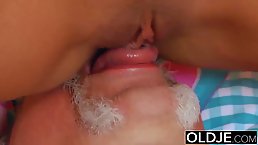 Frisky young slut offers her tight pussy to a kinky grandpa and gets satisfied like never before