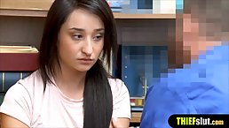 Sweet teen sucks a security guy's dick and gets fucked from the back, in the storage room