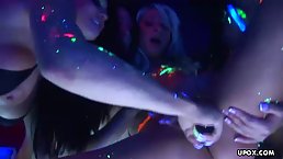 Audrey Bitoni and lesbians from a local night club are having group sex on the stage