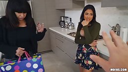 Dirty minded brunette is getting filled up with a rock hard meat stick, on the sofa
