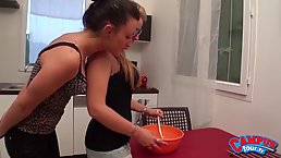 Lovely girls are munching each other's pussy, in the kitchen, because it feels so fucking good