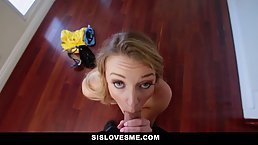 Insatiable blonde chick with tiny tits spreads her legs wide open for her horny step- brother