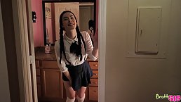 Pigtailed teen brunette is getting fucked after rubbing a rock hard cock like a whore