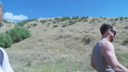 Naked women are about to have a threesome in the nature, in the late afternoon