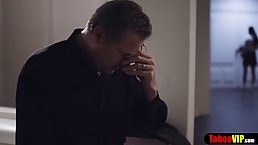 Horny, elderly man is fucking a slutty teen brunette, while her boyfriend is fucking another woman