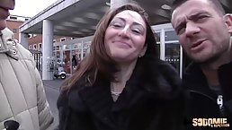 Sandra is wearing erotic stockings while getting doublefucked in front of the camera, for cash