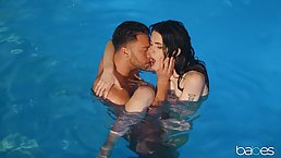 Sexy brunette, Evelyn Claire met a handsome guy by the swimming pool and had sex with him