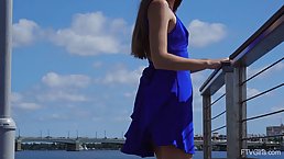 Slim chick in a blue dress and high heels, Mackenzie likes to masturbate in a public place