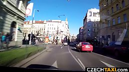 Lovely brunette is about to have sex with a taxi driver, in the back of his car
