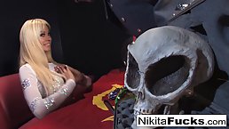 Slutty blonde, Nikita Von James is getting fucked on the sofa, after sucking a huge dick