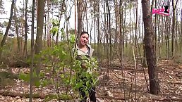 Slutty brunette is sucking cock in the forest and getting fucked hard, from the back