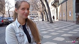 Skinny German teen with blonde hair, Kinuski likes to get down on her knees and suck cock
